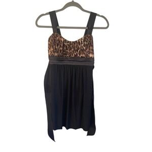 Y2K Deb Leopard Sequin Party Dress Womens Size M Black Strappy Satin Ribbon Mini